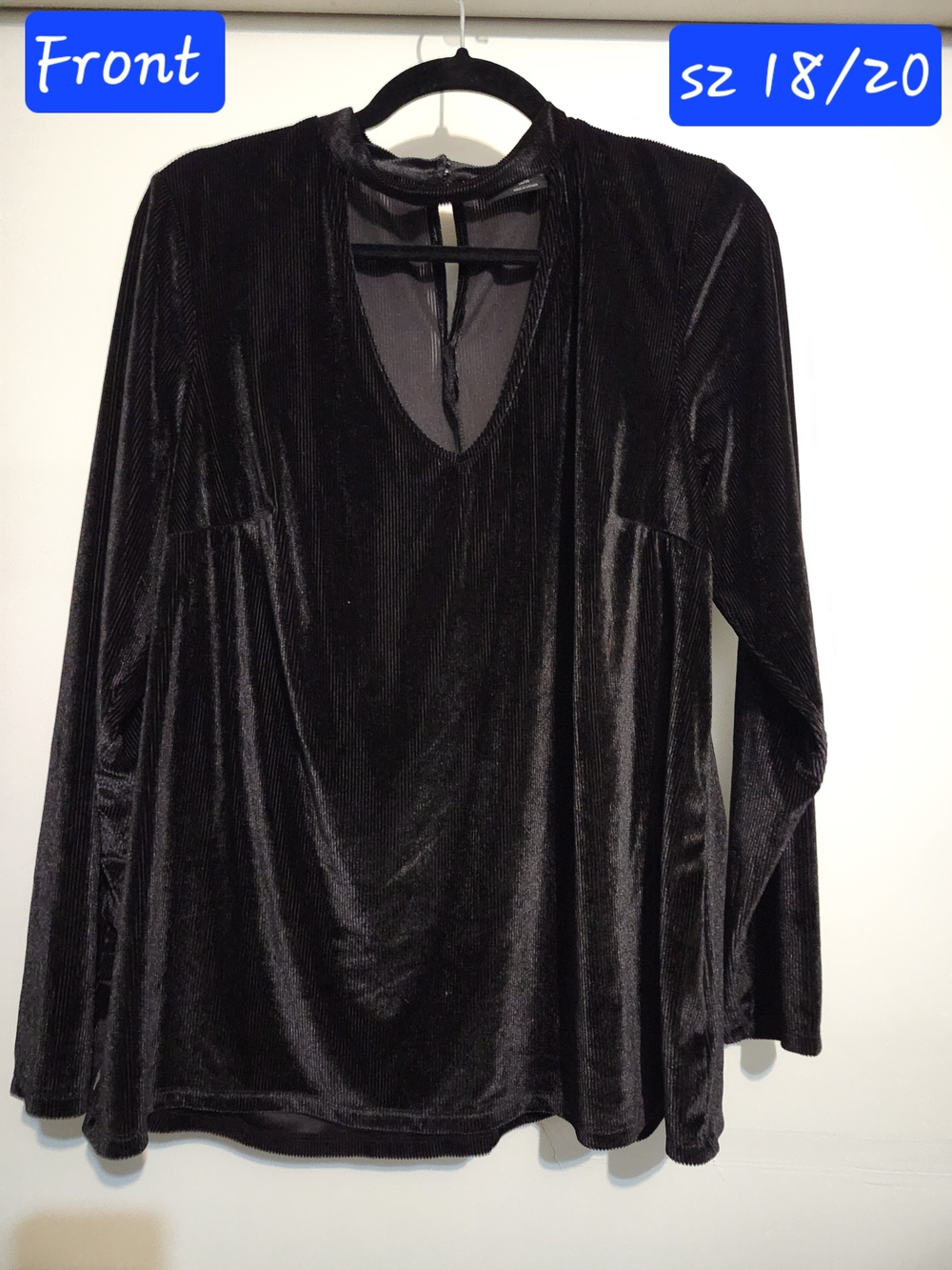 Plus Size 18/20 Black Ribbed Velvet Choker Neck Cutout Blouse Holiday
